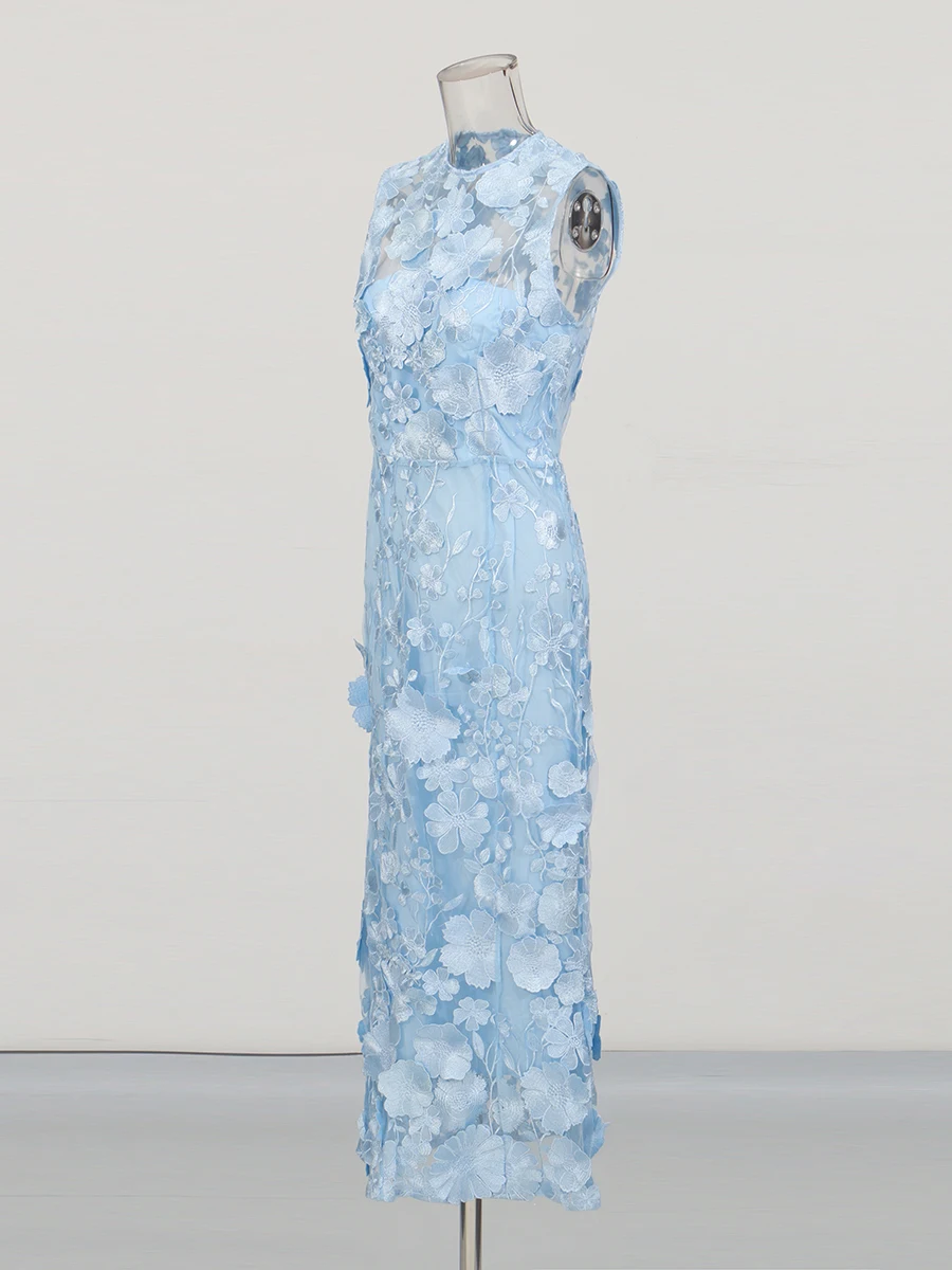 CHICEVER Solido Elegante Impiombato Appliques Abiti per Le Donne Girocollo Senza Maniche A Vita Alta Sheer Temperamento Abito Femminile Nuovo