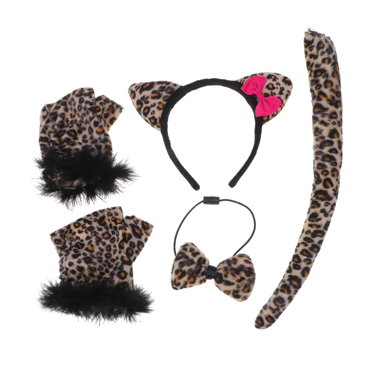 4Pcs Leopard Headband Tie Tail Gloves Set Funny Halloween Party Costume Masquerade Cosplay Holiday Animal Props Accessory