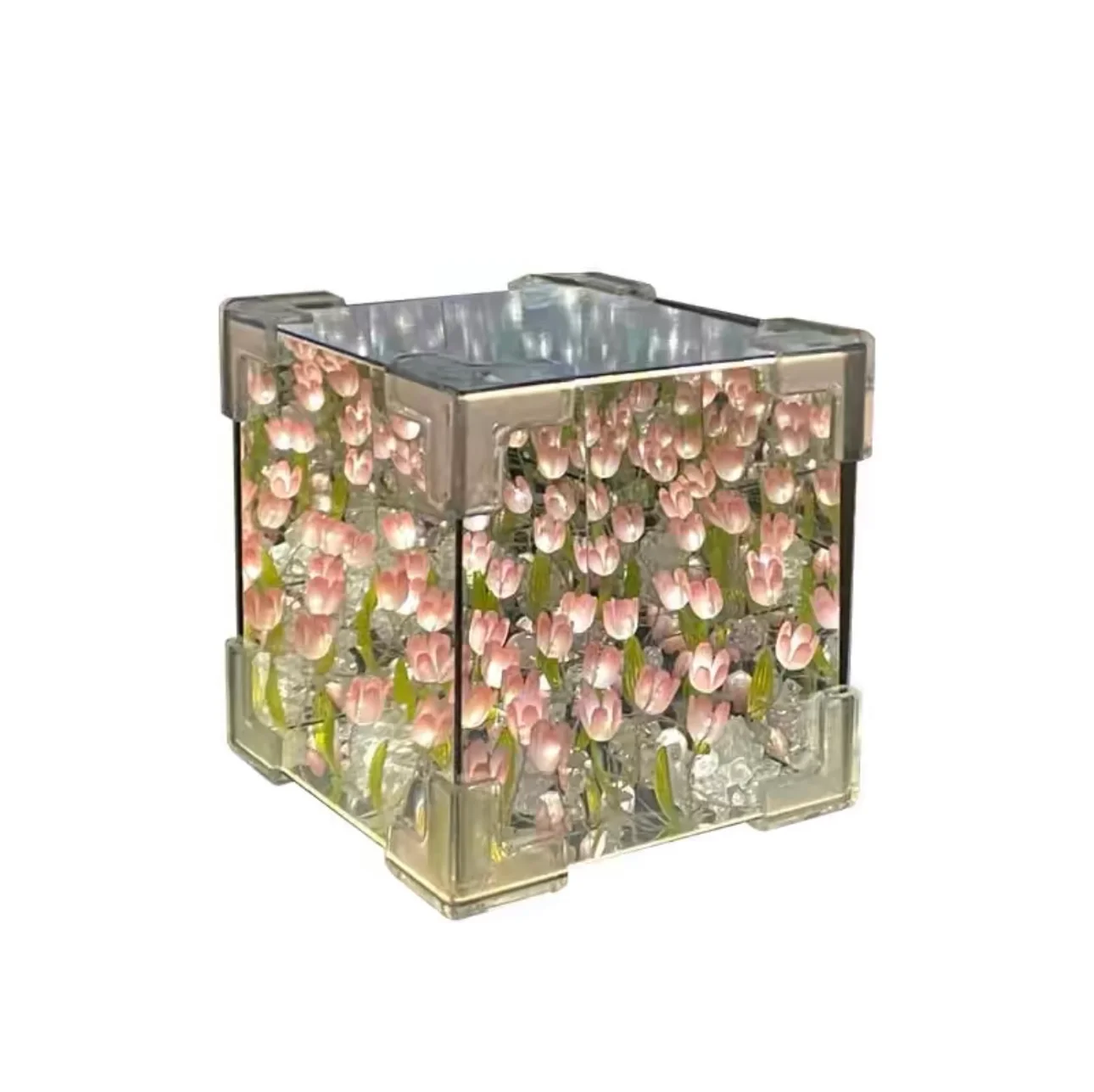 DIY Handmade Tulip Mirror Cube Lamp Simulation Flower Bedroom Sleeping Table Lamp Craft Tulips Mirror Night Light Birthday Gift