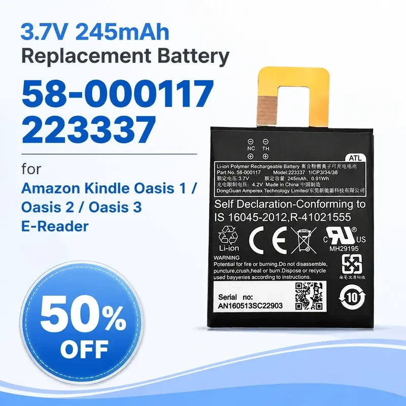 

3.7V 245mAh Replacement Battery 58-000117 223337 for Amazon Kindle Oasis 1 / Oasis 2 / Oasis 3 E-Reader