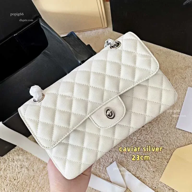 Bolso de diseñador con cadena, bandolera, tipo caviar, 23 cm, bolso de hombro, cartera con cadena, de cuero genuino, con doble letra y hebilla dorada/plateada