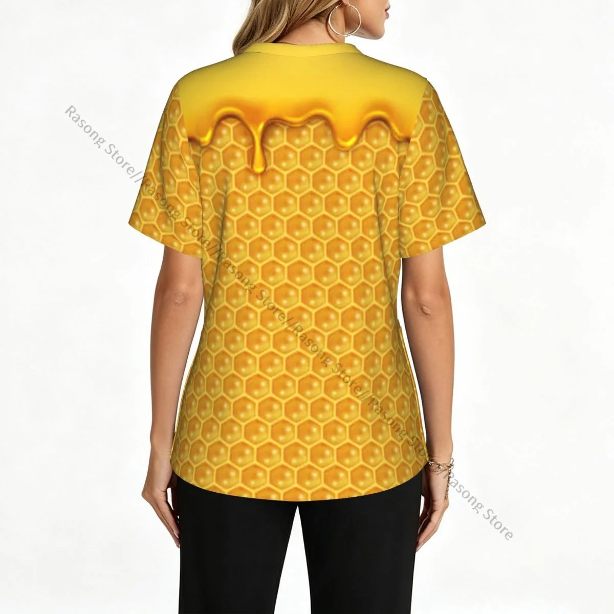 Women V Neck Scrub Top Liquid Honey Bee Honeycombs Short Sleeve Nurse Hospital Uniforms Female Working Clothes with Pocket