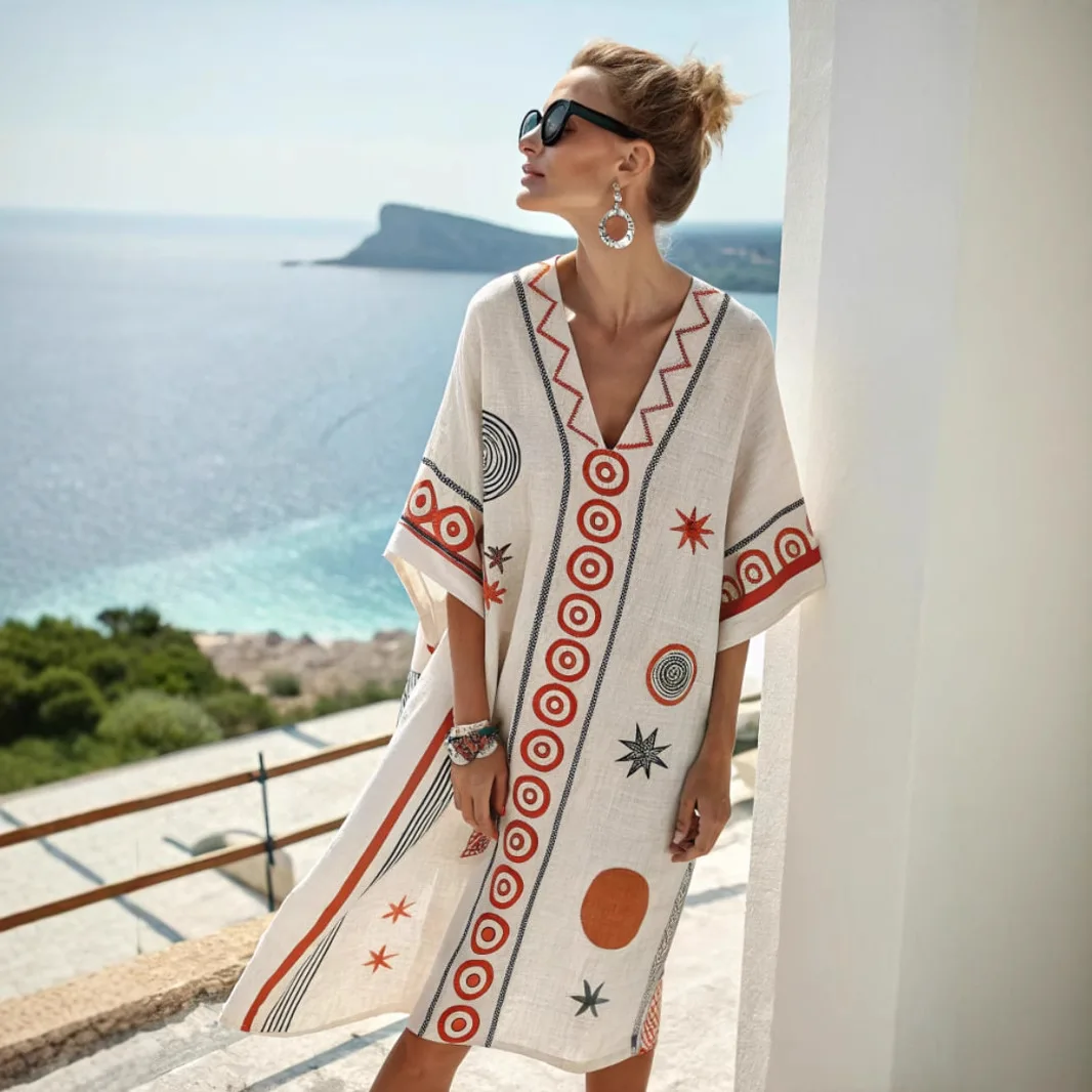 2025 nouvelle robe imprimée à manches mi-longues femmes été rétro décontracté ample bohème vacances col en v Mini robes pour les femmes