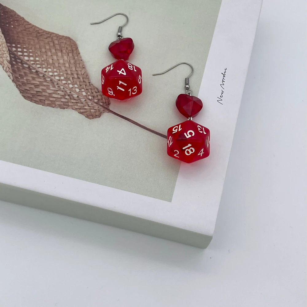5 Colors DnD D20 Resin Dice Love Heart Drop Earrings for Women Y2K Vintage Dungeons and Dragons Game Long Dangle Earrings