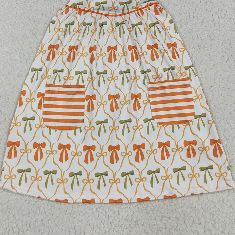 فستان للفتيات الصغيرات بطول الركبة مع أشرطة وأقواس برتقالية وجيوب بنمط مخطط لموسم الخريف #5