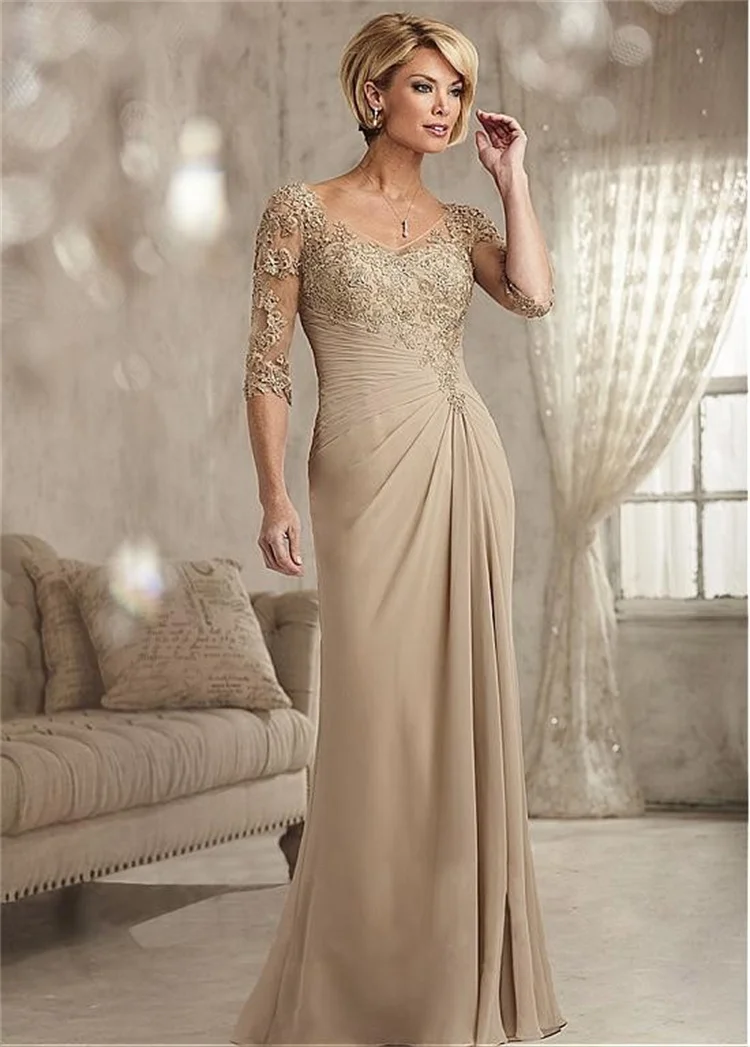 Elegant Beaded Lace Champagne Mother of The Bride Dresses Plus Size Chiffon Half Sleeves Groom Mother Evening Dress For Wedding