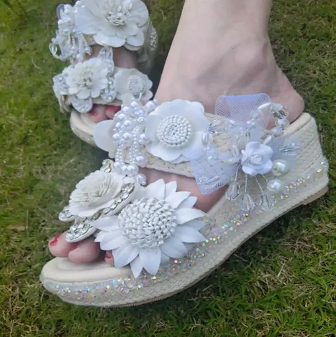 Beige White Vivid Flower Starry Bead Rhinestone Rope Braide Wedge Slipper Sandals Platform Peep Toe Woman Vacation Slide Shoes