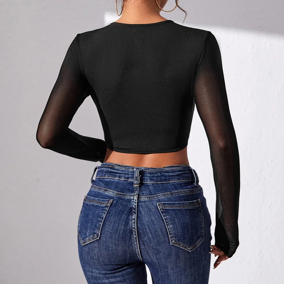 Hot selling spicy girl sexy perspective splicing t-shirt fish bone waist long sleeved top for women aesthetic clothes CYDZ9636