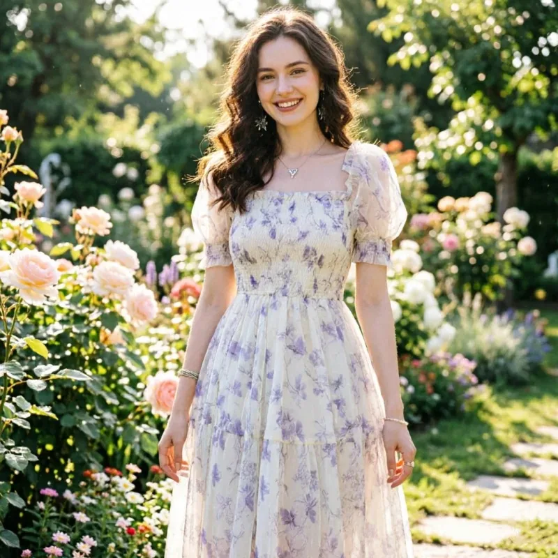 2026 Elegant Short Sleeve Fairy Dresses for Women Summer White Chiffon Long Dress Casual Floral Party Dress Sweet Beach Clothing