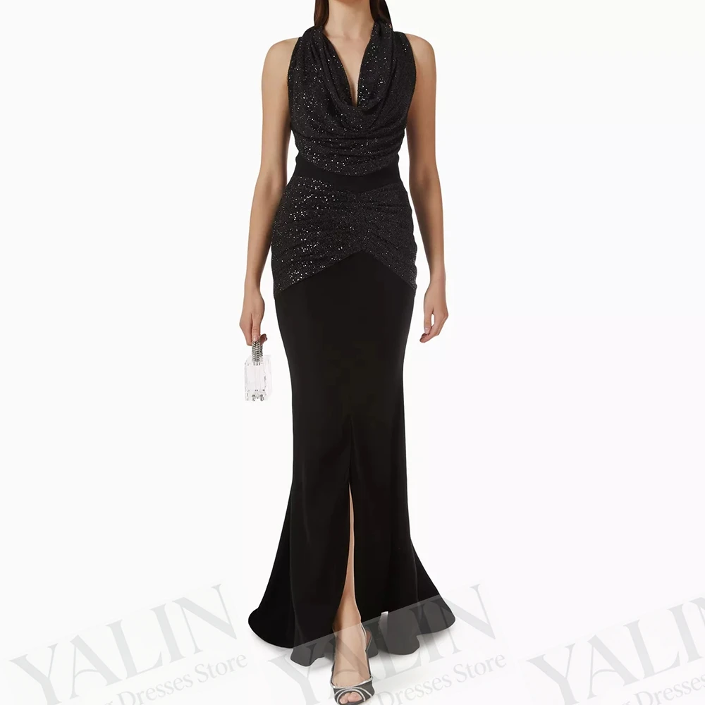 

Women's A-line Evening Dresses Floor-length V-neck Sleeveless Prom Dresses Fashion Sequined Simple Draped Customized Gowns