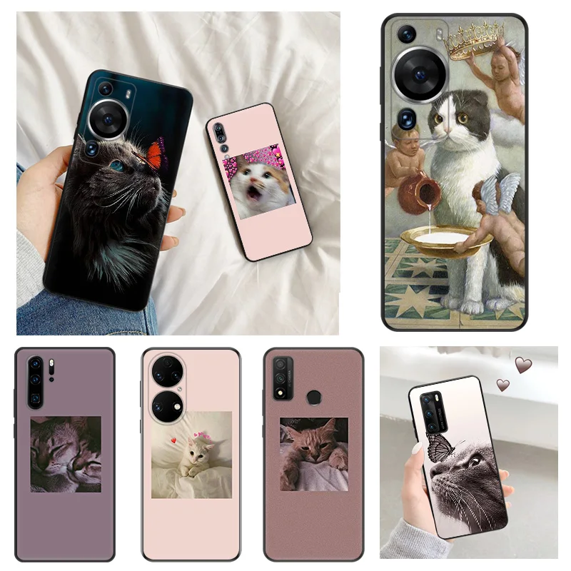 Matte Phone Case for Huawei P20 Pro P Smart P40 P30 Lite Moto G30 G31 G200 One Fusion Cute Cat Funny Art Soft Black Case Funda