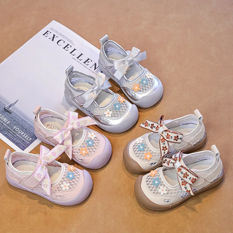 Mumoresip Summer Lolita Girls Sports Sandals Sweet Bow Children Embroidered Shoes School Mesh Breathable Kids Running Sneakers