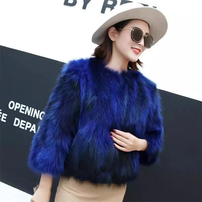 Real Raccoon Fur Woven Coat for Women Short Fur Jacket Long Sleeve V-Neck Fashion New Style Autumn and Winter