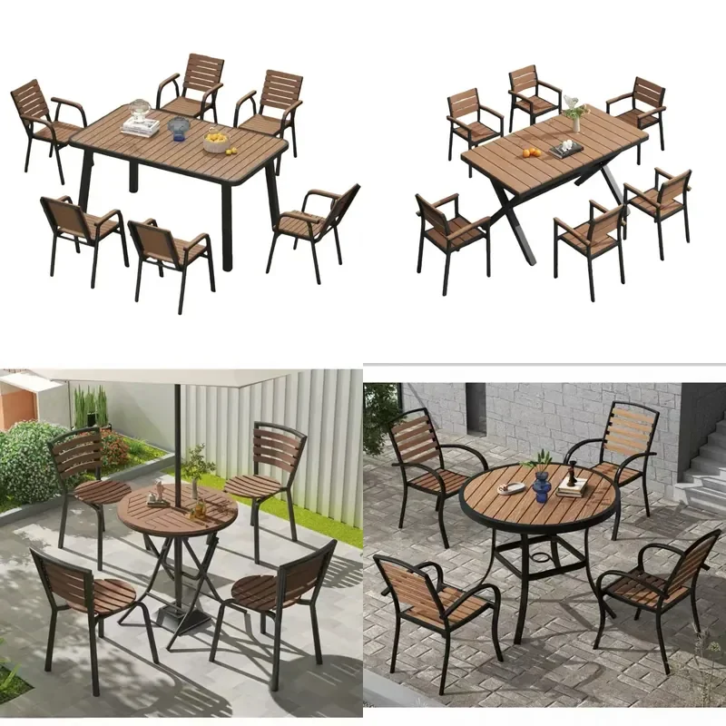 Waterproof Metal Patio Dining Set with Preservative Wood Top Outdoor Balcony Garden Furniture for Courtyard Leisure