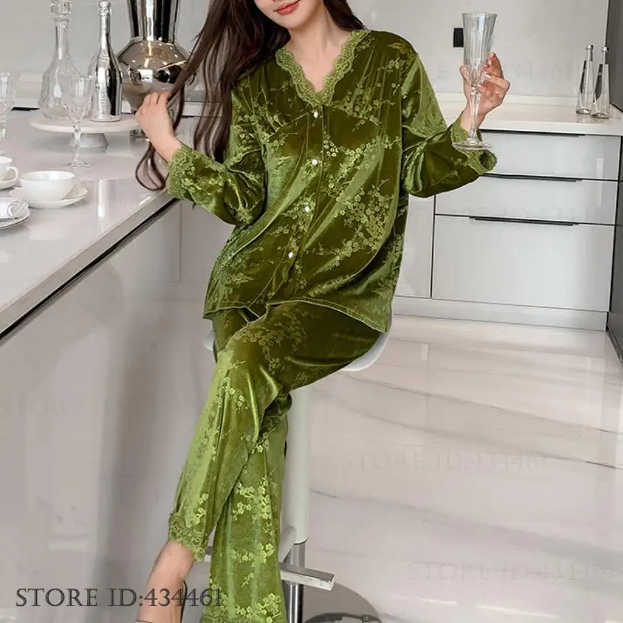 

Autumn Winter New Female Pajama Loungewear Chinese Style Jacquard Plum Blossom Velvet Sleepwear Trouser Suits Sexy Home Wear