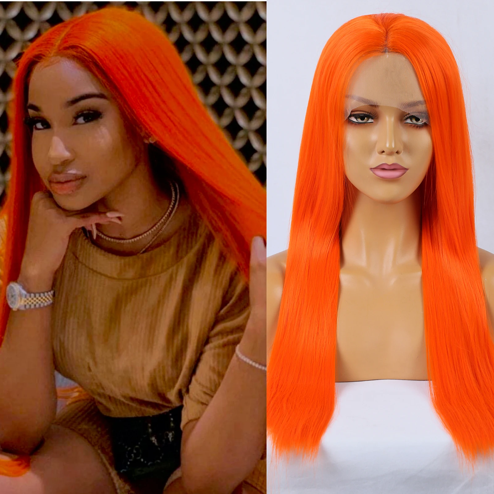 RDY Hot Neon Orange Wig Synthetic Lace Front Wig Glueless Natural Hairline Long Straight Colored Hair Frontal Wigs for Women