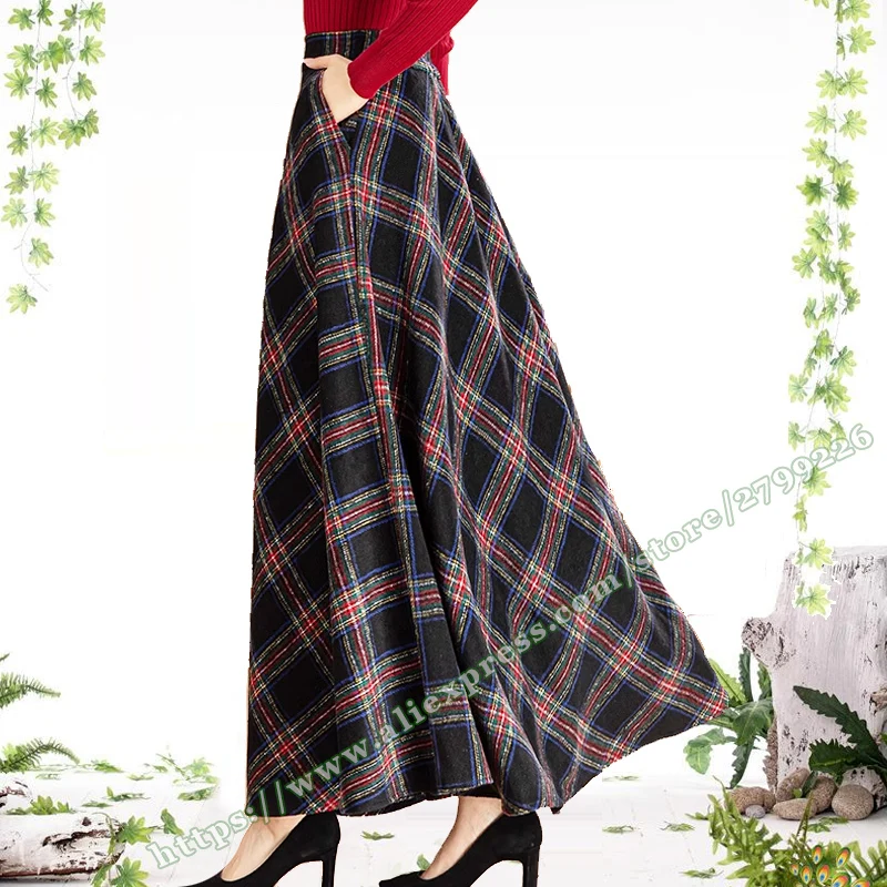 2024 Autumn and Winter Neon Plaid Woolen Thick Long Skirt for Womens Fashion High Waist A-line Elegant Women's Maxi skirt