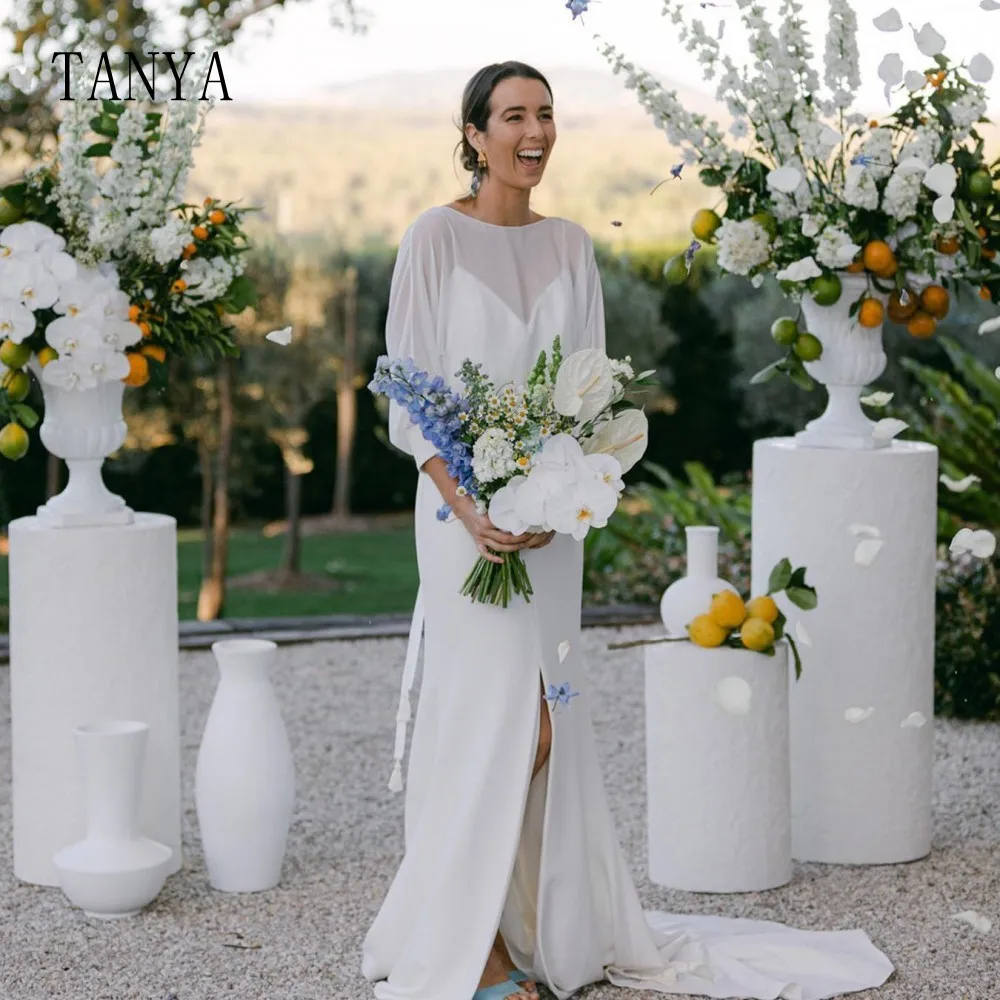 Elegancka suknia ślubna Merimaid z miękkiej satyny i szyfonu z długimi rękawami bez pleców z wysokim rozcięciem i prostą suknią ślubną G4555