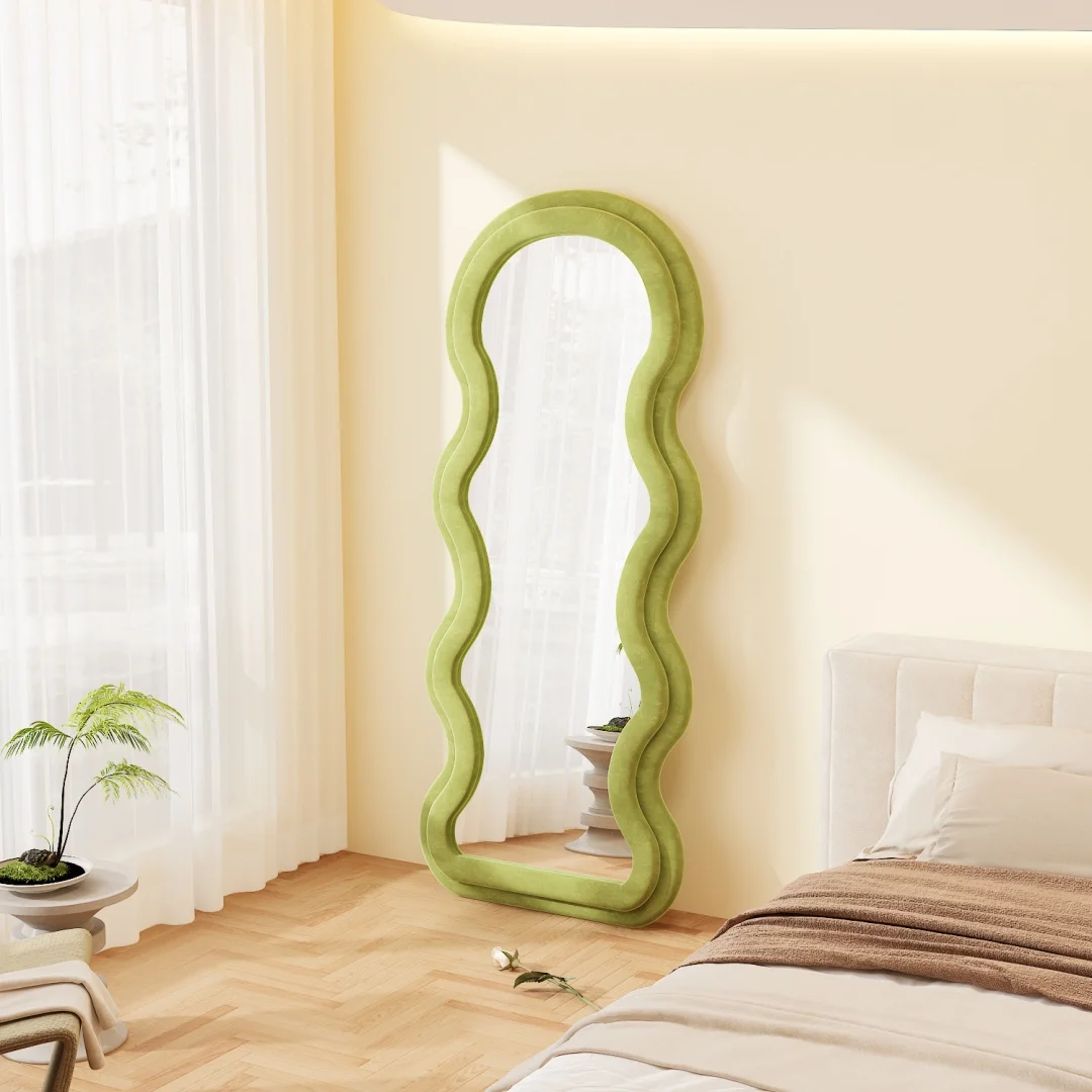 Modern Wavy Irregular Flannel Frame Full Length Floor Mirror Standing Body Mirror For Living Room Bedroom