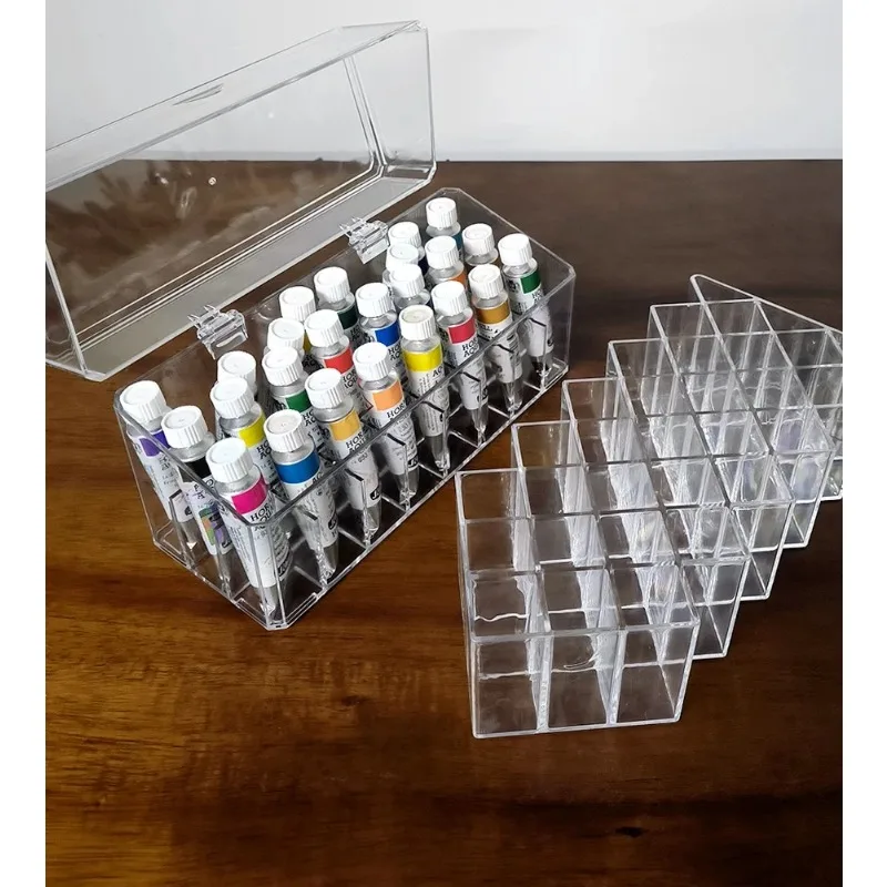 Watercolor Tube Storage Box Acrylic 16/28 Grid with Lid Transparent Box Acrylic Oil Painting Gouache Storage Rack Art Tool