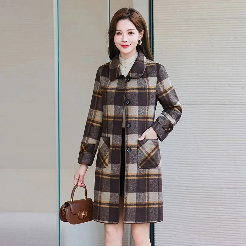 High End Fashion Women Double Sided Cashmere Woolen Coat Autumn Winter Single Breasted Plaid Wool Jacket Mother Long Windbreaker