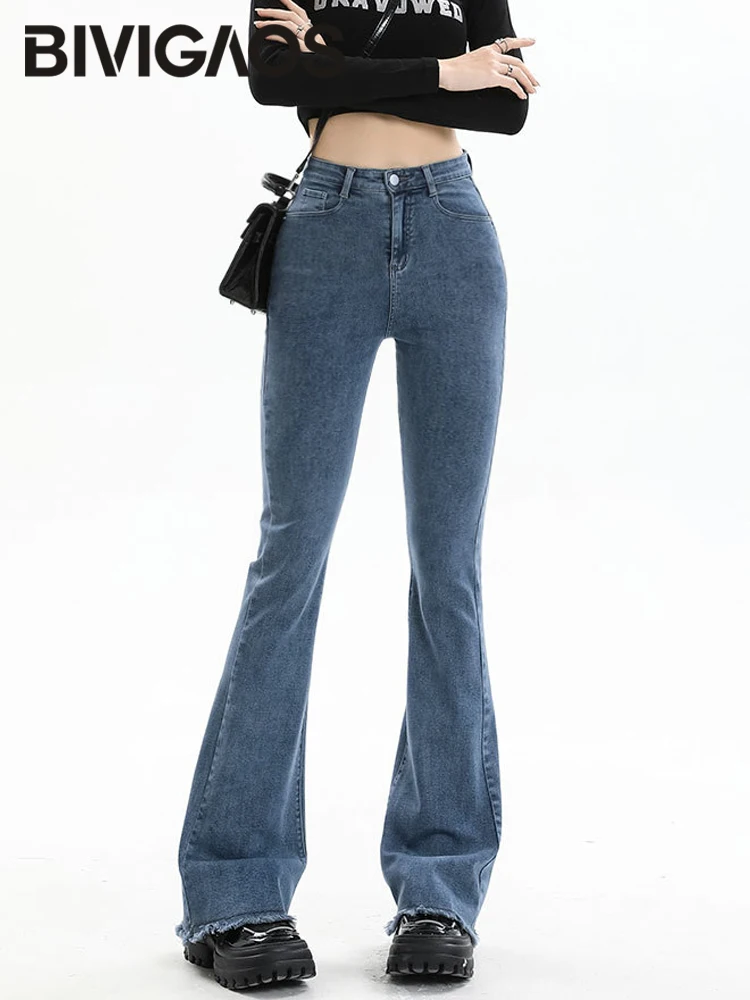 BIVIGAOS New Autumn Spring Micro Flared Jeans Women High Waist Slim Tight Retro Tassel Hem Stretch Denim Horseshoe Pants