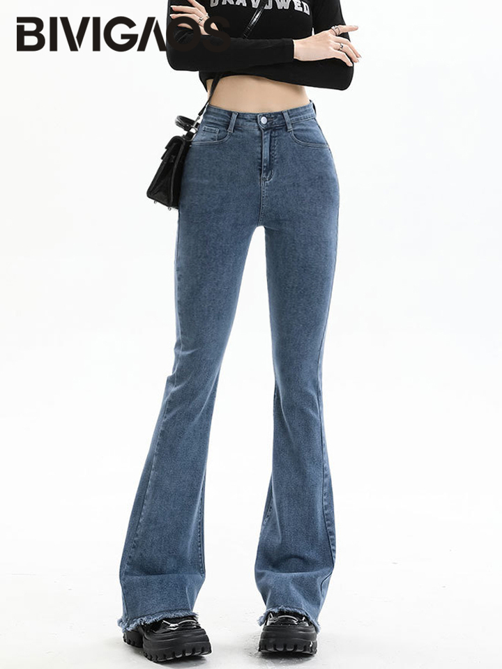  BIVIGAOS New Autumn Spring Micro Flared Jeans Women High Waist Slim Tight Retro Tassel Hem Stretch Denim Horseshoe Pants 