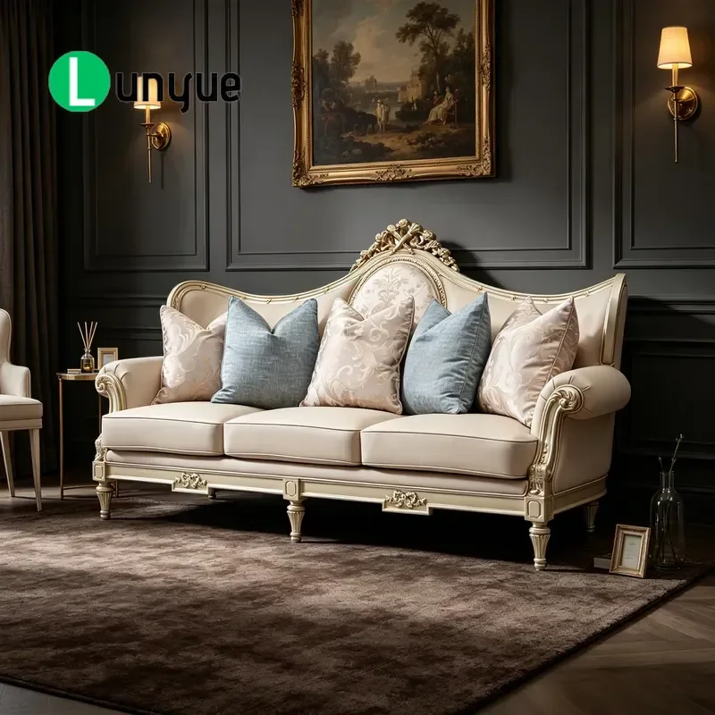 French Leather U Shaped Sofa Set European Solid Wood High Density Customizable Living Room Furniture