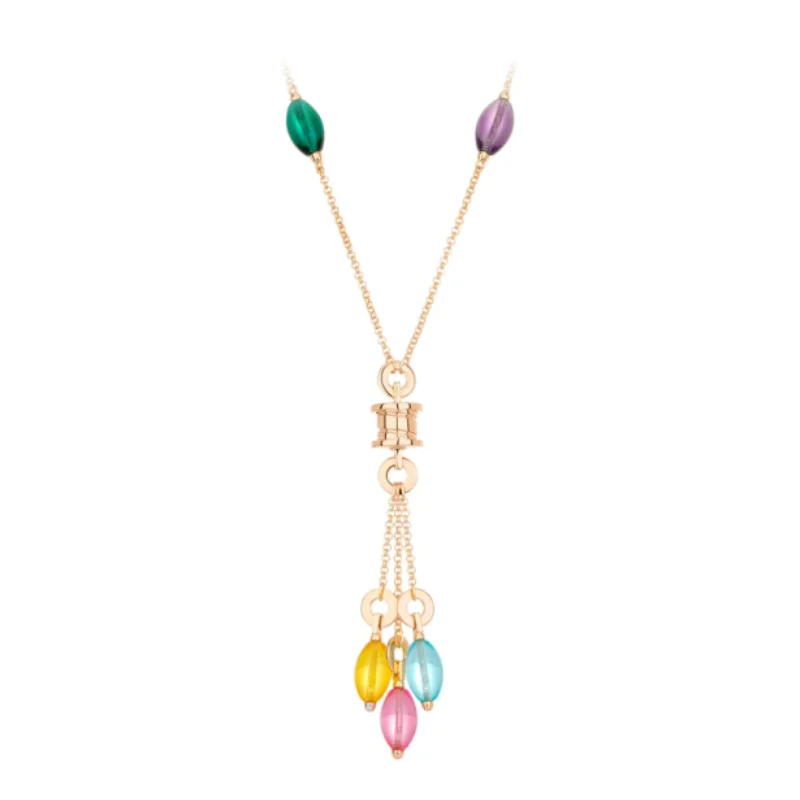 

CAMEO Pendant Chain 925 Silver Synthetic Zircon Colored Oval Water Drop Gem Cute Candy Paradise Tassel Necklace