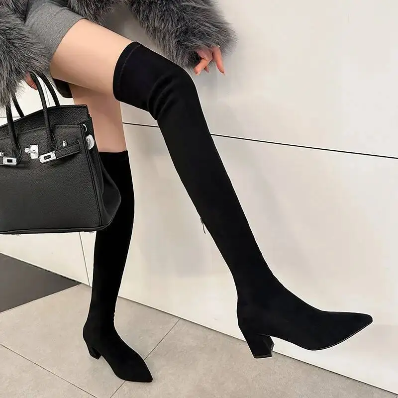 

black Elastic Pointed Toe Women Knee High Boots Suede Chunky Heels Women's Long Boots