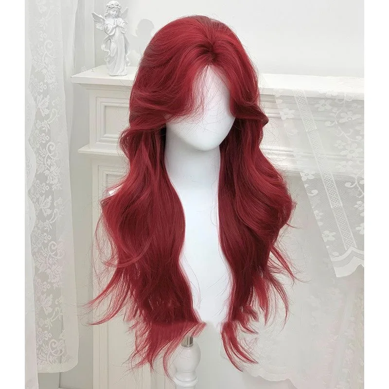 Rode pruik, lang haar, kunsthaar gesimuleerd haar, anime spelaccessoires, cosplay, volledig hoofddeksel, krullend haar, fotoshow rekwisieten