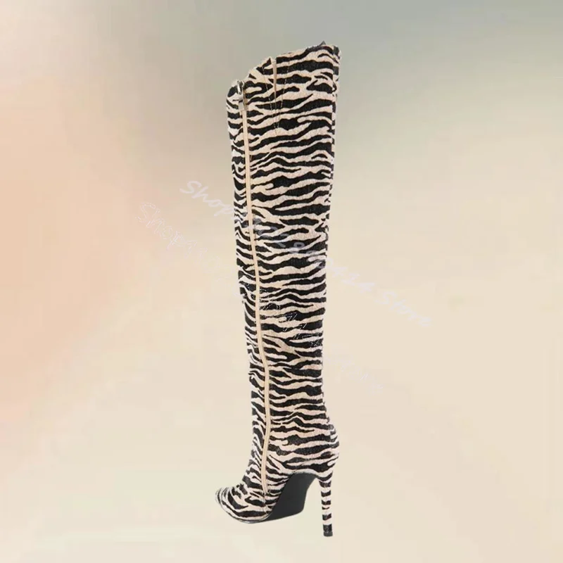 Zebra Print Horsehair Pointed Toe Runway Boots Side Zipper Women Shoes Thin High Heels Party Banquet 2024 Zapatos Para Mujere