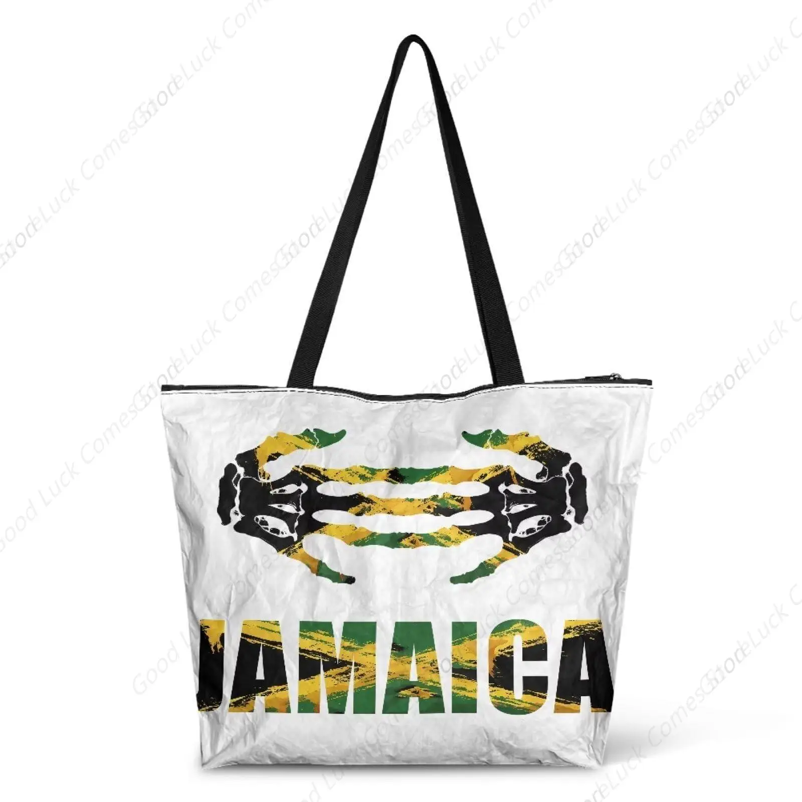 

Экологичные бумажные сумки с флагом Ямайки для женщин, флаг Ямайки, скелет, ручная печать, рабочая сумка на молнии, большая вместительная сумка для покупок