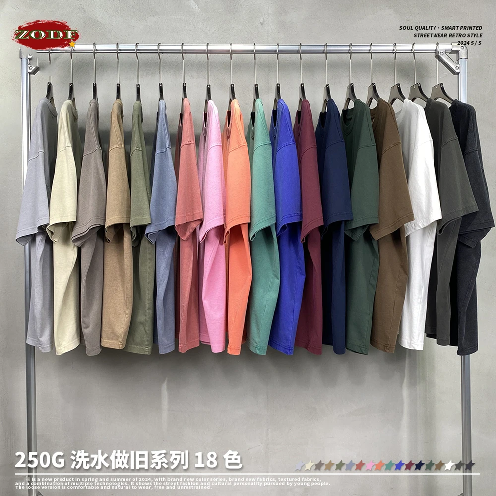 ZODF Men 2024 Retro Summer Washed Solid Cotton T-Shirts Unisex Retro Loose High Street 250gsm Basic Tees Streerwears HY0075