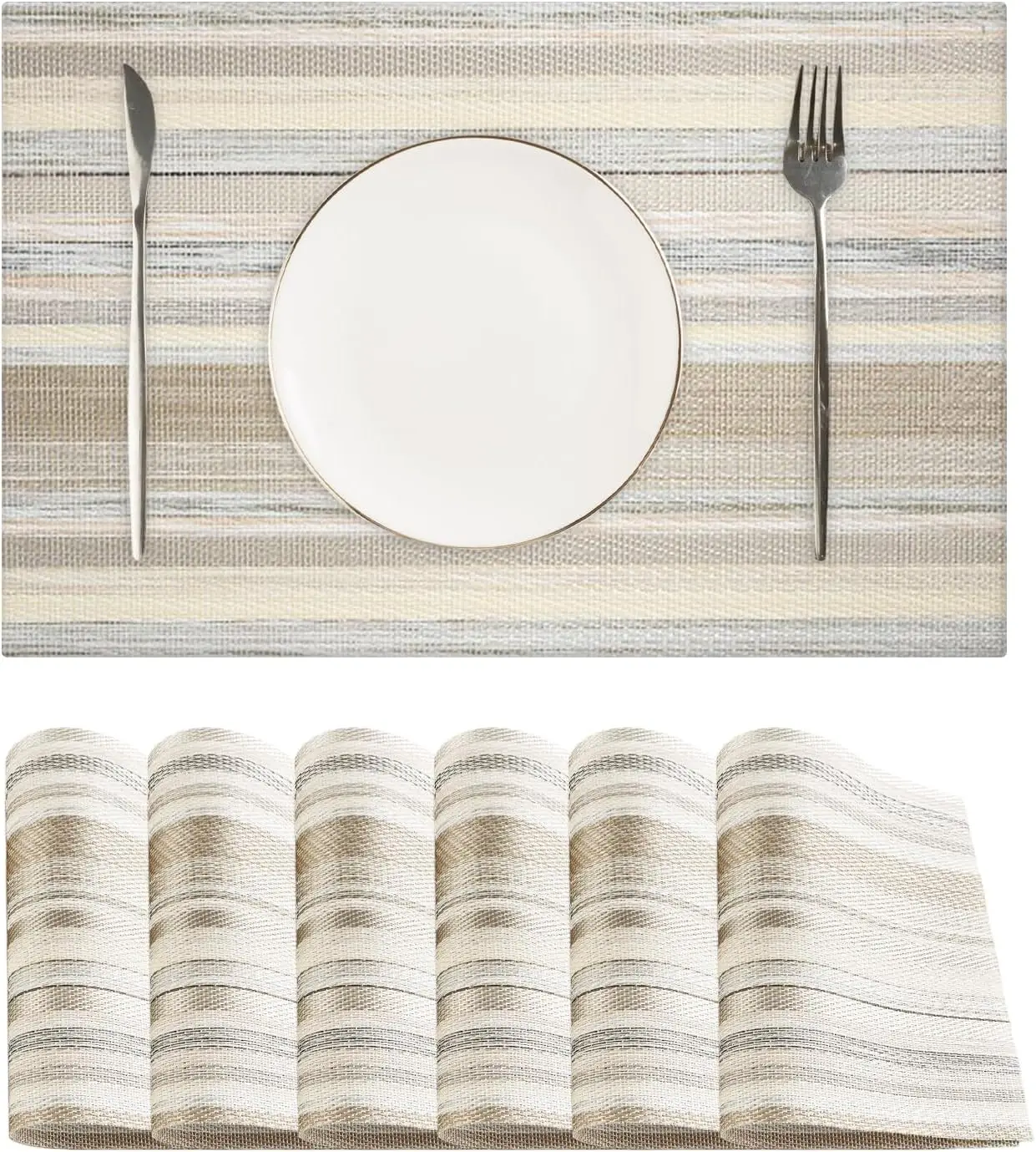 

Striped Placemats Set of 6 - Heat Resistant Non-Slip Wipeable Place Mats for Party/Indoor/Outdoor