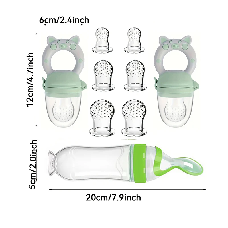 9pcs Feeding Cutlery:1 Silicone Feeding Bottle with Spoon & Suction Cup for Rice Cereal, 2 Fruit Vegetable Feeders,6 Size Nipple