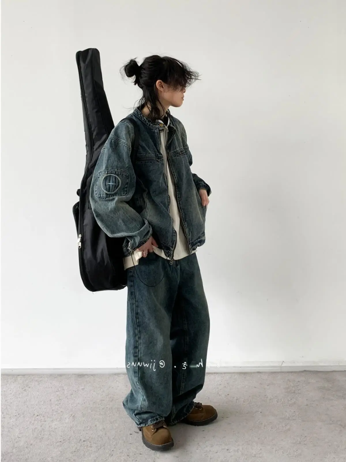 Embroidered Washed Denim Jacket For Man Women BF Jeans Coat Style Loose Blue Workwear, Couple's Top