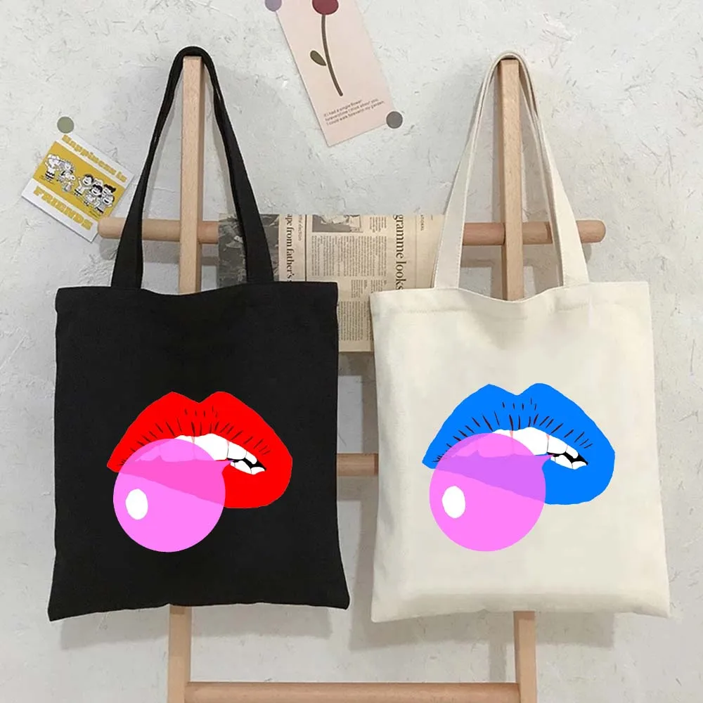 Gumball Red Lips Mouth Bubblegum Bubble Gum Love Heart Wink Girl Women's Canvas Shoulder Totes Bag Cotton Shopping Beach Handbag