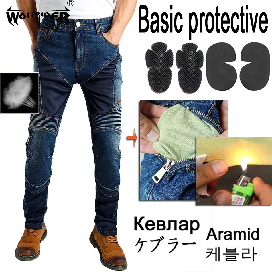 Men Aramid Motorcycle Jeans Black Motocross Pants Blue Motorbike outdoor Riding trousers anti-fall zipper