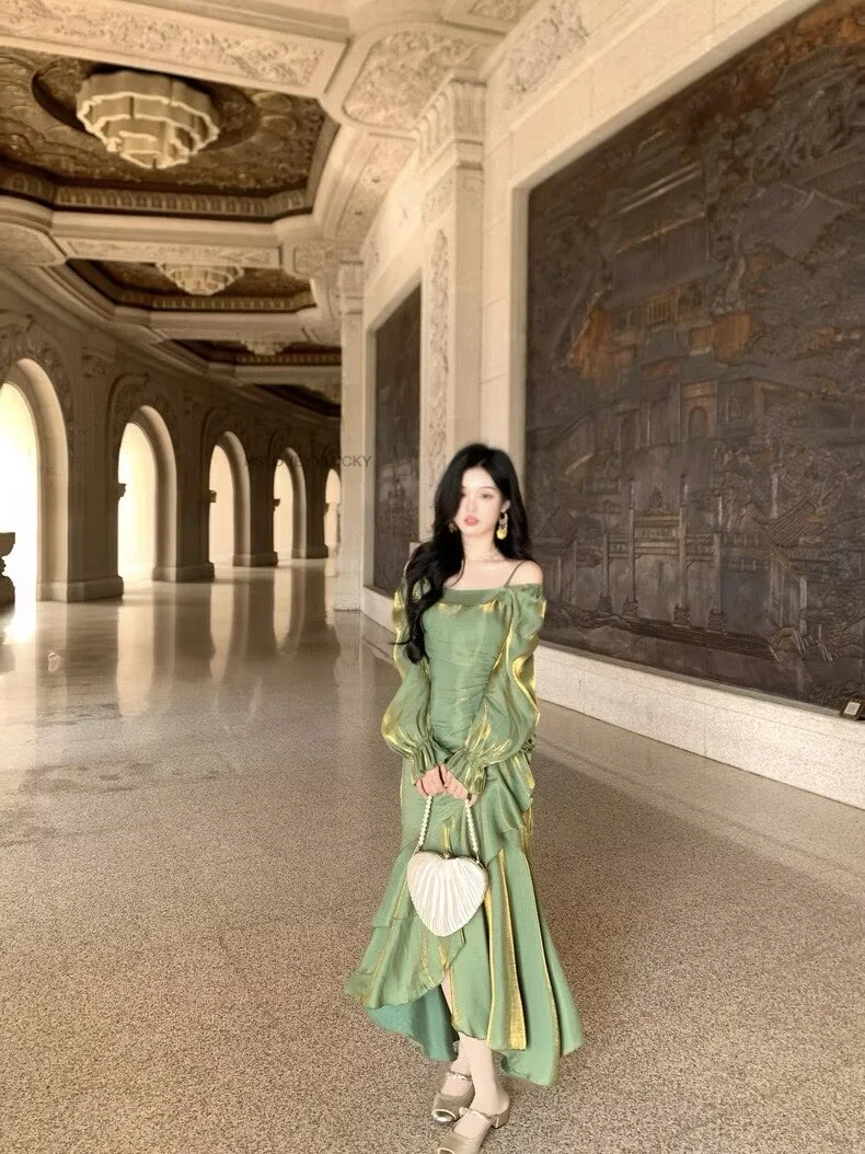 Französisch Spitze Rüschen Asymmetrische Saum Kleid Sommer Neue Meerjungfrau Temperament Wasp Taille hüfte-umarmt Lange Frauen Sexy Kleid