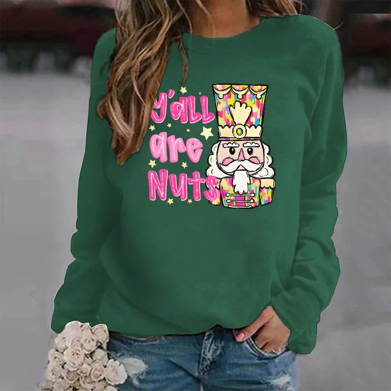 Womens Christmas Sweatshirt Y\'all Are Nuts Merry Christmas Pink Nutcracker Lover Sweater Women Festive Cartoon Cute Sweatshirts