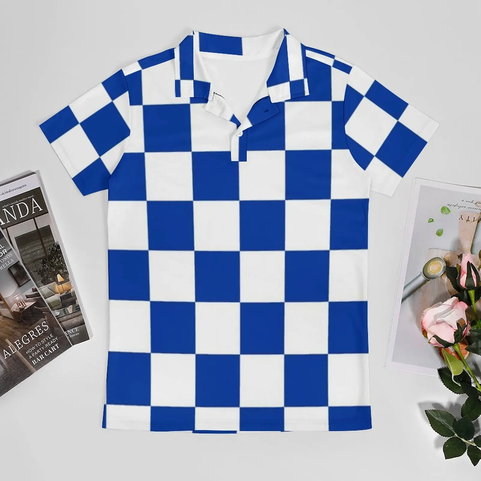 Blue And White Checkerboard Casual Polo Shirts Vintage Checker Print T-Shirts Short-Sleeved Shirt Beach Trending Polo-Shirt Gift