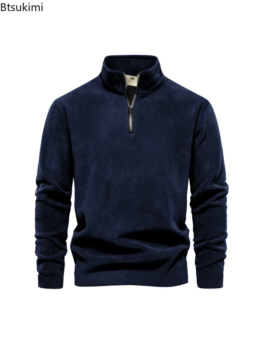 2025 Men's Half Zipper Sweatshirts Solid Long Sleeve Solid Color Pullover Turtleneck Streetwear Winter Warm Jacket Sport Coats
