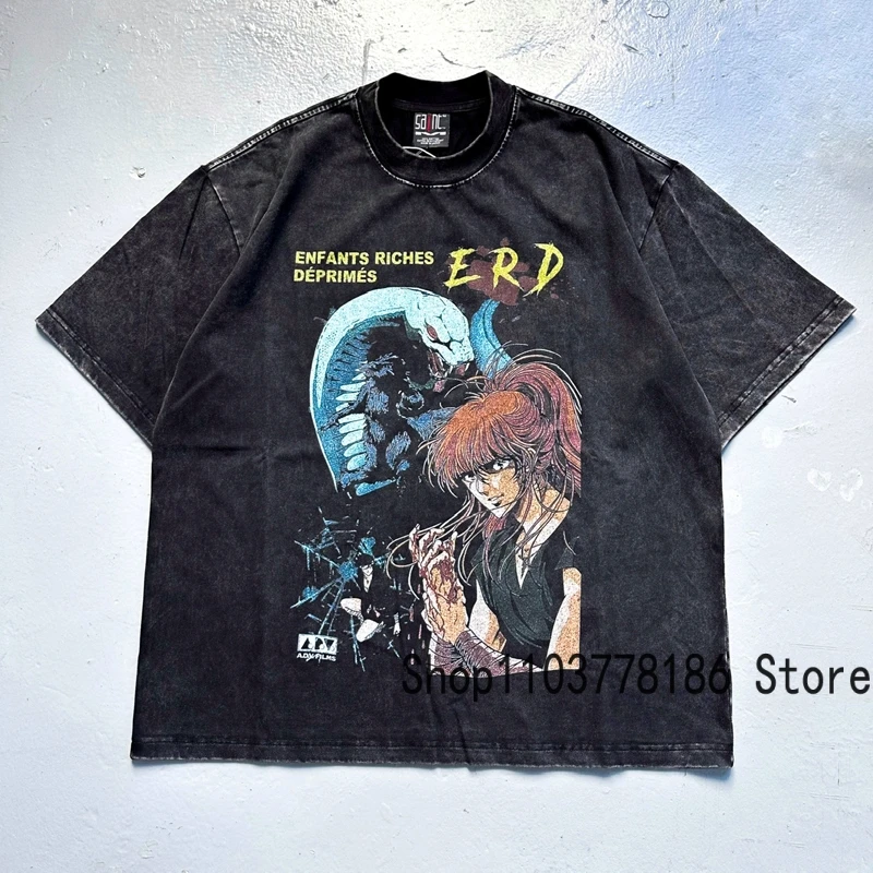 

Vintage Washed Black AKIRA Short Sleeve Small Neckline High Quality Japan Anime Printed T-shirt Men's High Street Akira Top Tee