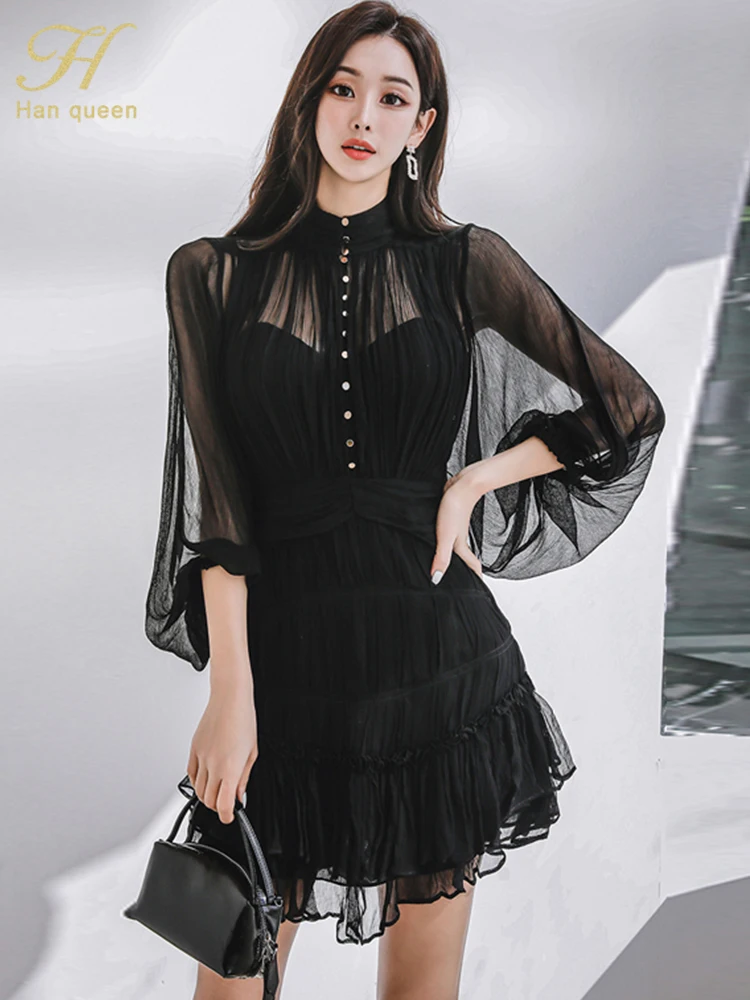 H Han Queen 2024 Spring New In Dresses Elegant And Pretty Vintage Black Short Dress Women Simple Chiffon Casual Party Vestidos