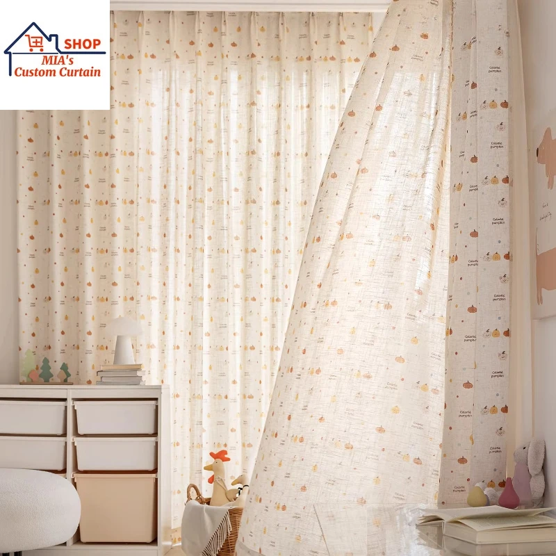 

Custom Size Cartoon Pumpkin Pattern Linen Texture Sheer Decor Curtains Lovely Kids Room Window Drapes for Boys & Girls Modern
