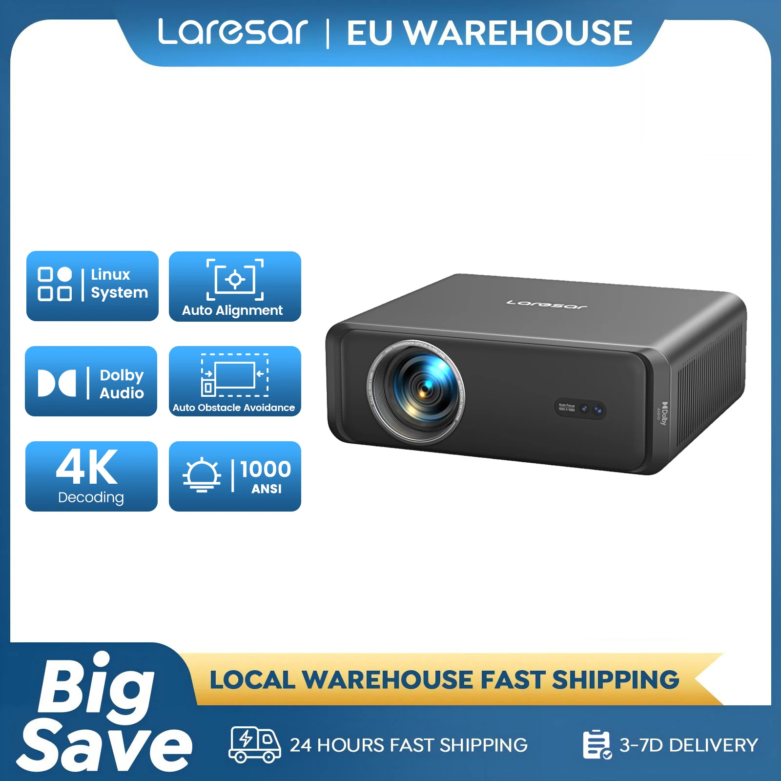 Proiettore Laresar A1 Netflix 1000ANSI Supporto 4K Android TV Autofocus/Correzione Trapezoidale Audio Dolby WiFi6 Allineamento Automatico Home Theater