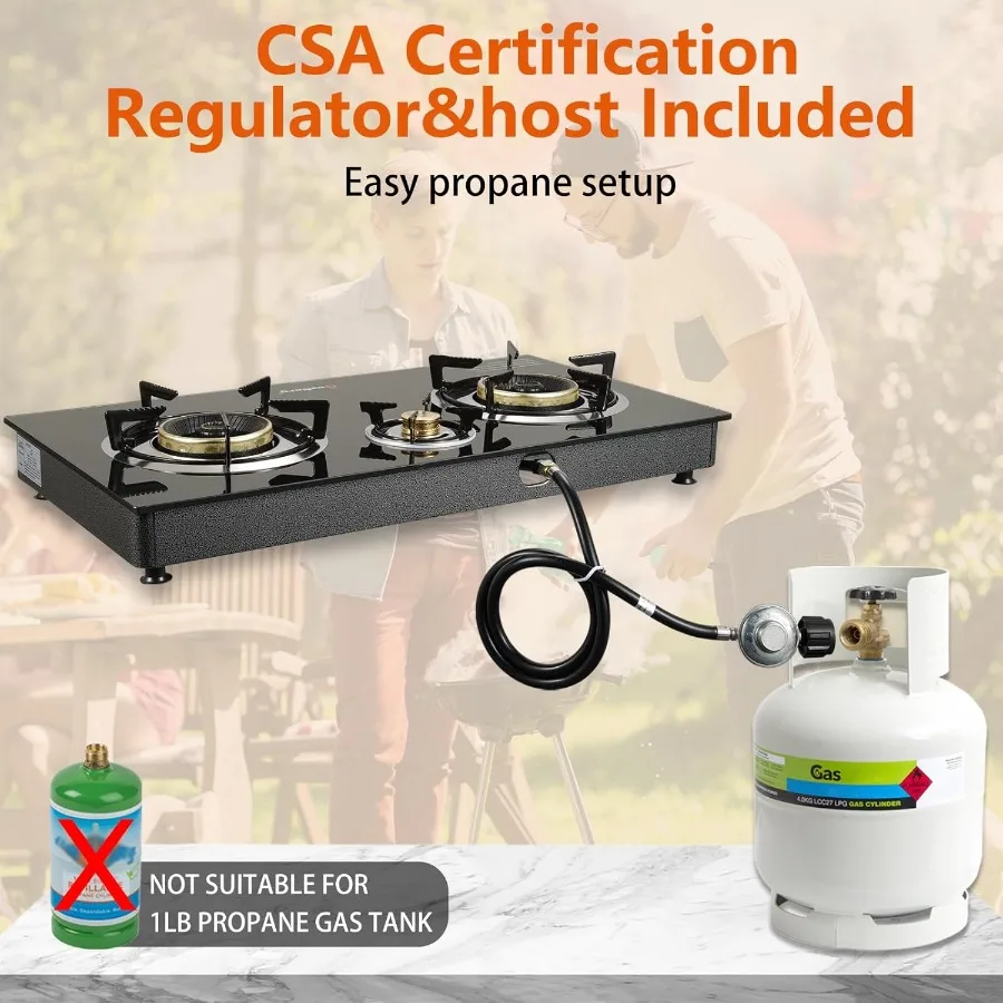 موقد غاز البروبان ذو شعلان مع كفاءة عالية 28800 وحدة حرارية بريطانية ونظام إشعال تلقائي موقد من الزجاج المقسى مع إعادة معتمدة من CSA #6