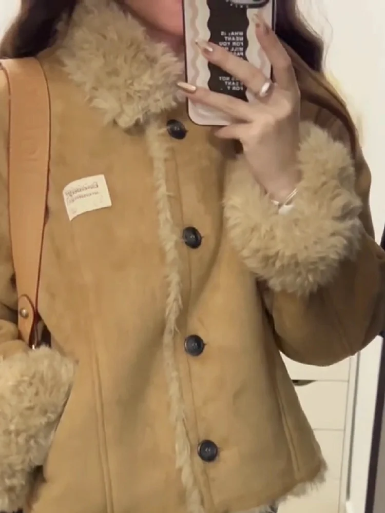 

Корейская короткая куртка из замши с подкладкой из овечьего меха и хлопка, женская, осенне-зимняя, теплая, утолщенная, с воротником