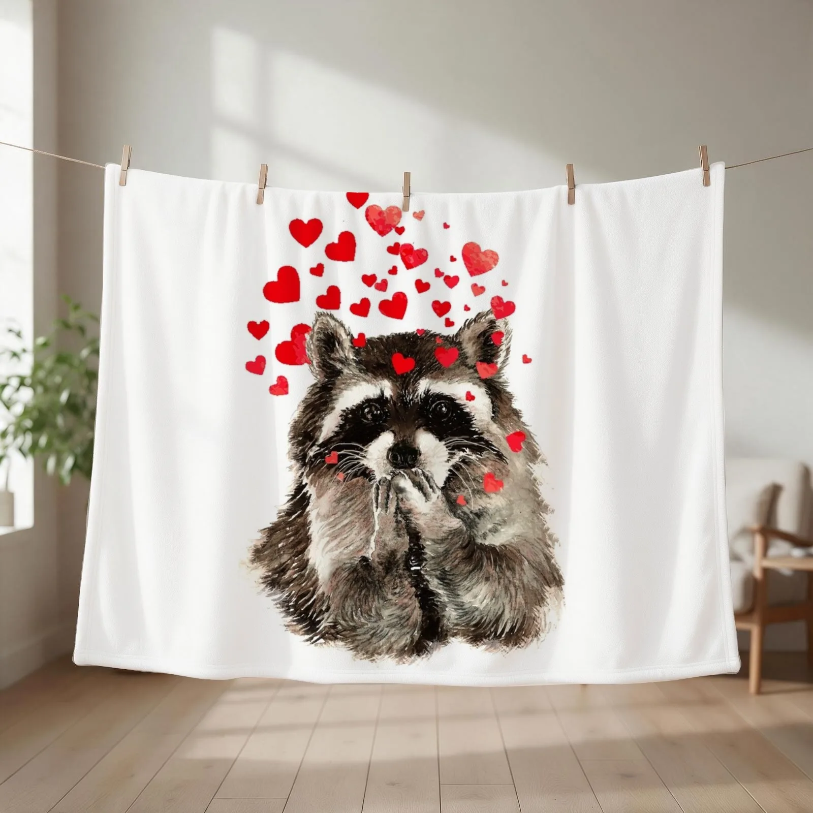 Cute Watercolor Raccoon Blowing Kisses & Hearts Throw Blanket couch cozy soft plush fuzzy picnic outdoor blanket